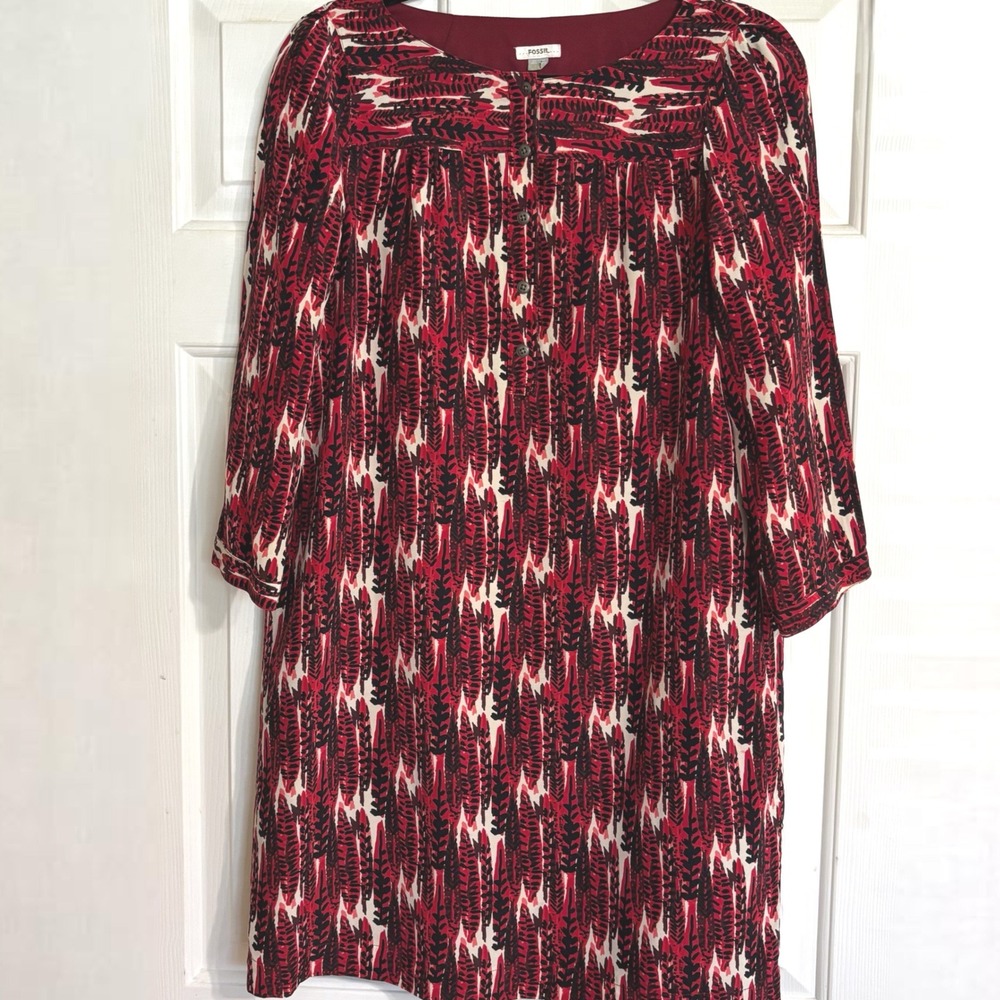 Fossil Y2K 100% Silk Red Black Abstract Feather Print Shift Dress Size Small